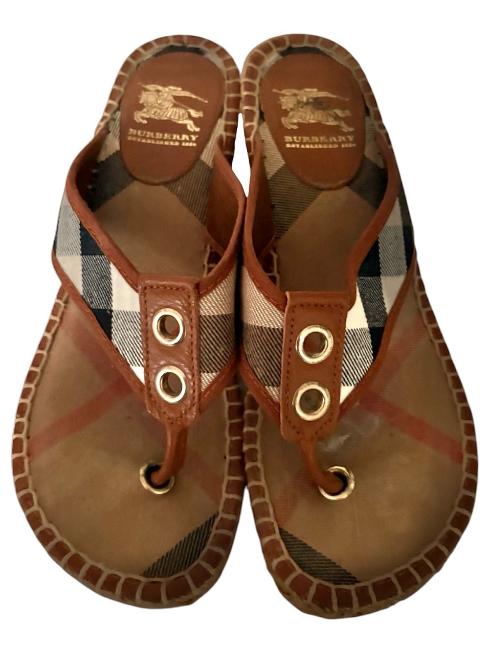 Authentic Burberry Nova Check Thong Wedge Sandals Leather Designer Summer Staple